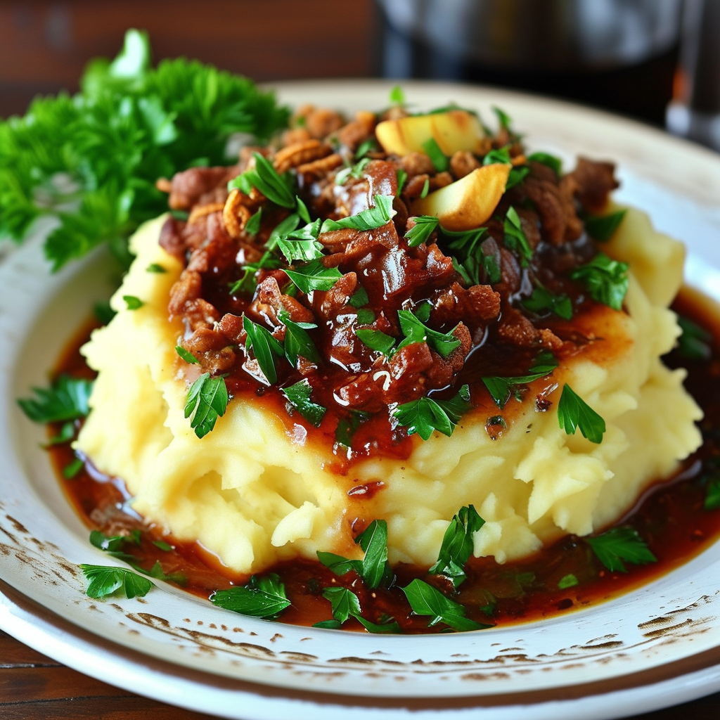 A beautifully plated dish of Cracker Barrel gravy over mashed potatoes, garnished with parsley.