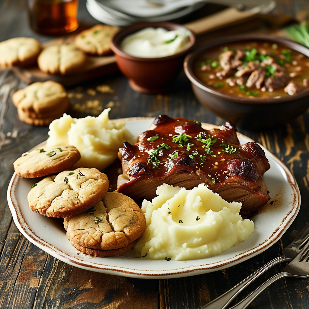 A table setting featuring biscuits, mashed potatoes, and gravy, with various serving suggestions.