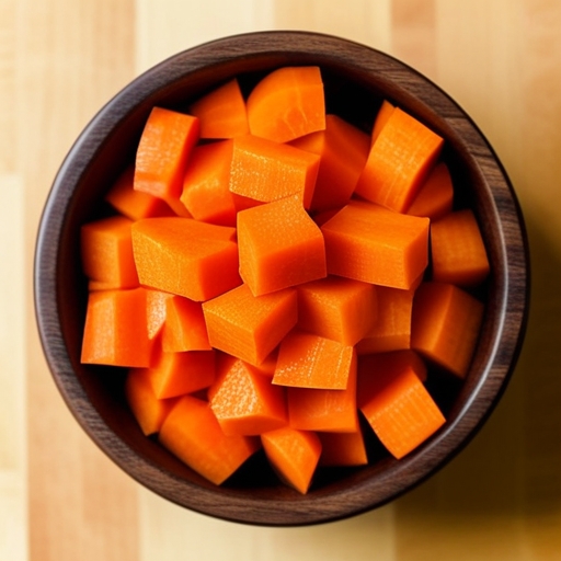 A vibrant display of diced carrots in a wooden bowl, showcasing their color and texture.