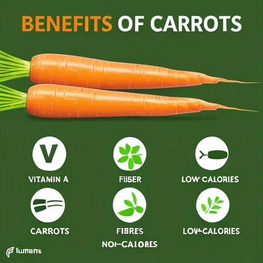 An infographic showing the nutritional benefits of carrots, emphasizing Vitamin A, fiber, and low calories.