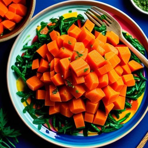 A beautifully plated dish featuring carrots as a highlight, used in a stir-fry or salad.