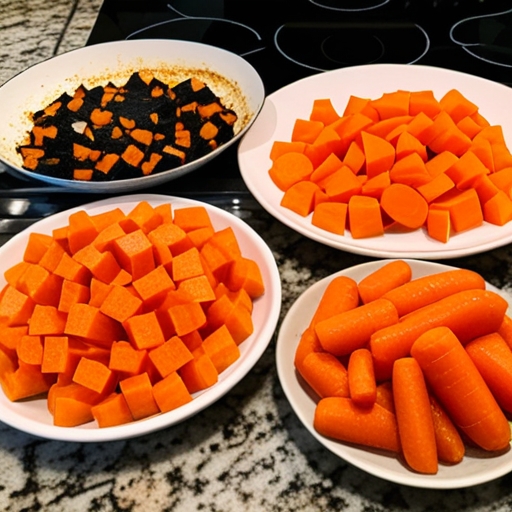 Different cooking methods applied to diced carrots (sautéed, roasted, steamed) laid out on a kitchen countertop.