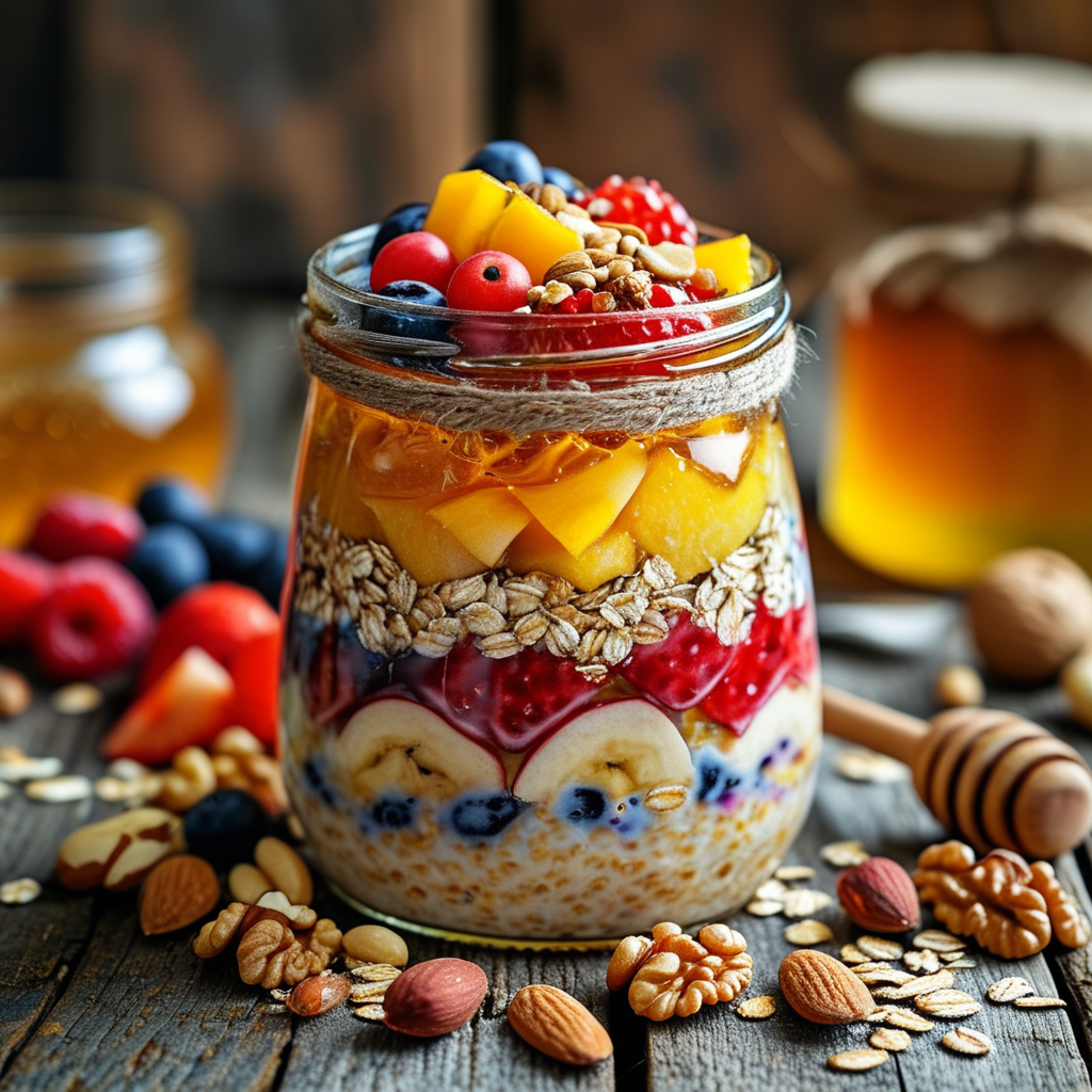 A close-up of a jar of overnight oats layered with fruits, nuts, and honey