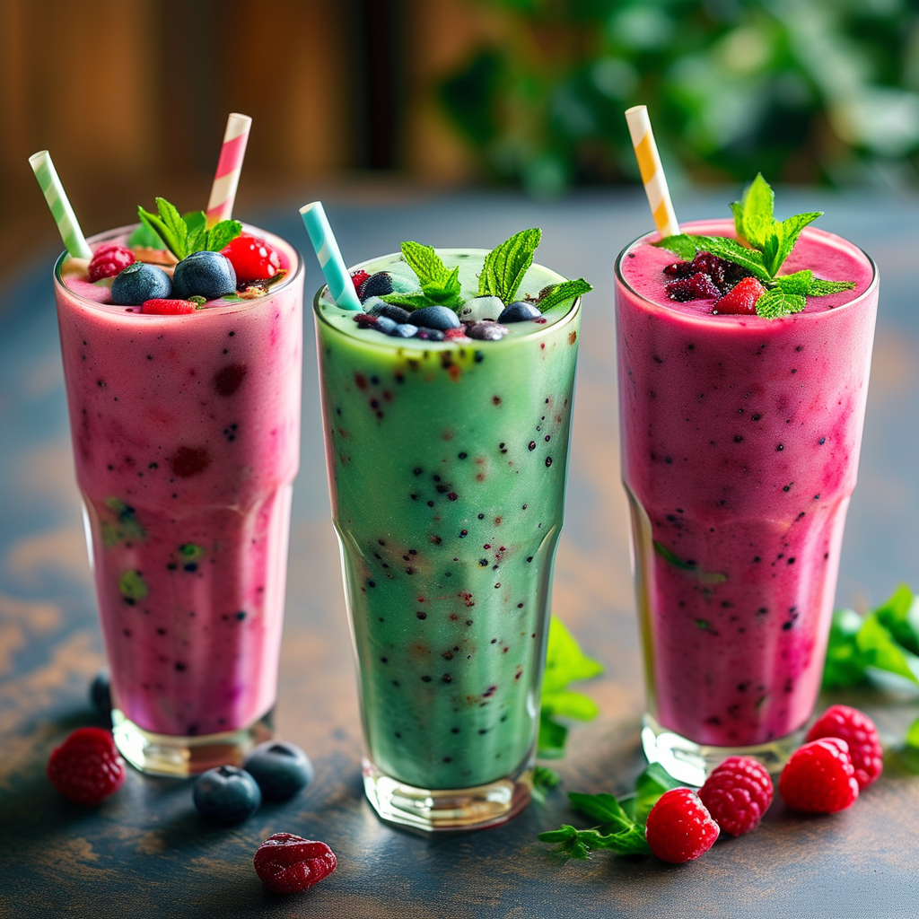 A vibrant overhead shot of three different smoothies in glasses