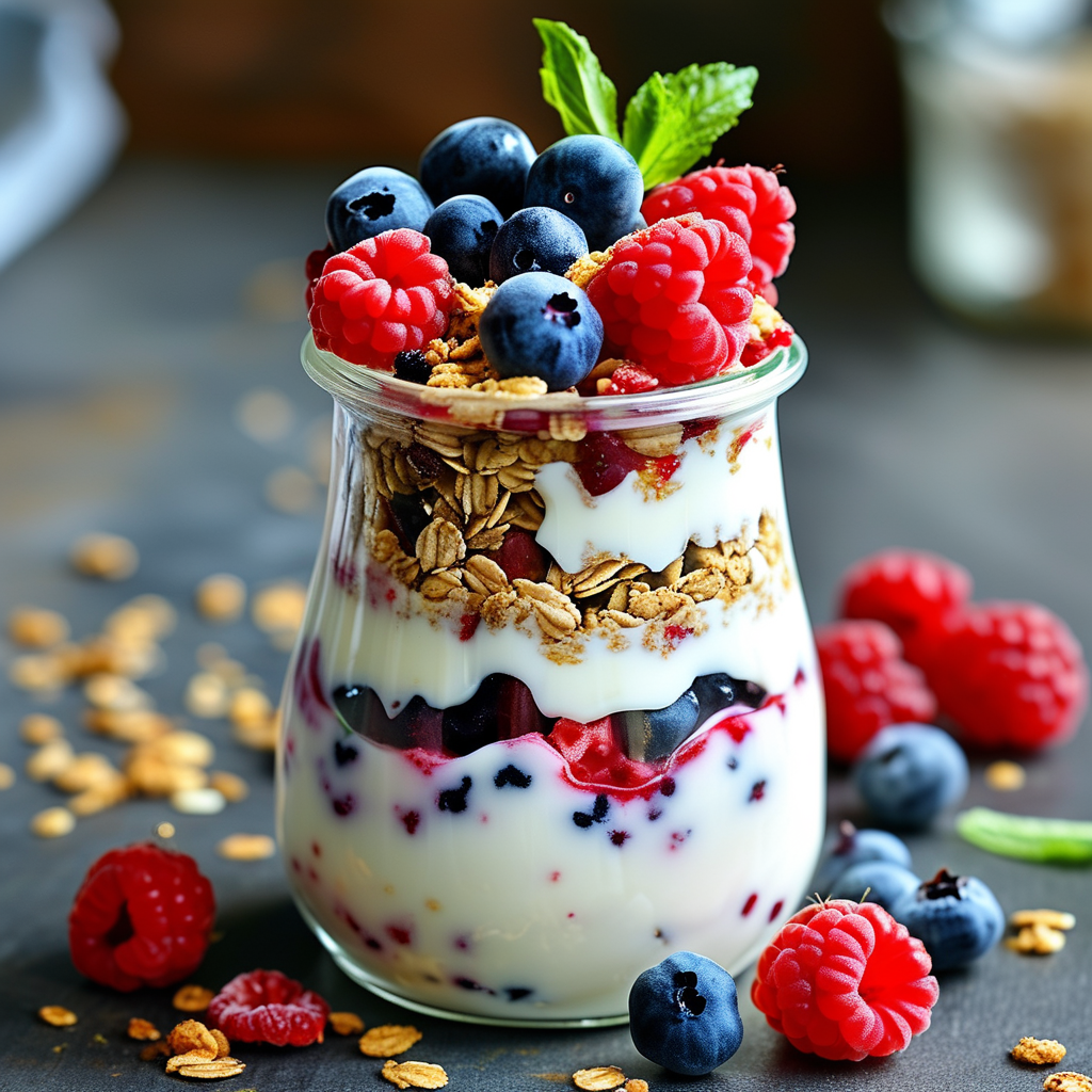 A colorful layered yogurt parfait in a clear jar