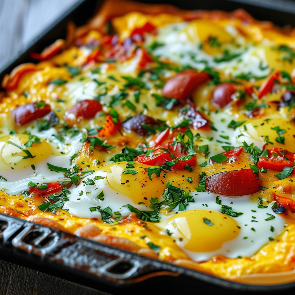 A baking dish filled with a delicious breakfast casserole