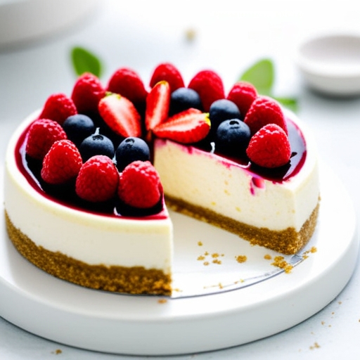 Close-up shot of an easy dessert recipe No-Bake Cheesecake displayed with a slice cut out, showcasing its creamy texture, garnished with fresh berries.
