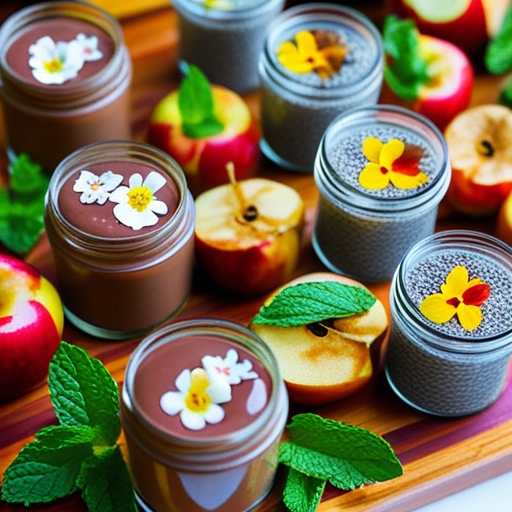 A healthy dessert recipe arrangement featuring Avocado Chocolate Mousse in small jars, Chia Seed Pudding, and Baked Apples with Cinnamon.