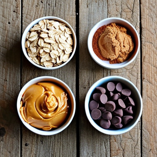 A neatly organized display of the ingredients needed for an easy dessert recipe Chocolate Oatmeal Cookie, including oats, cocoa powder, peanut butter, and chocolate chips.
