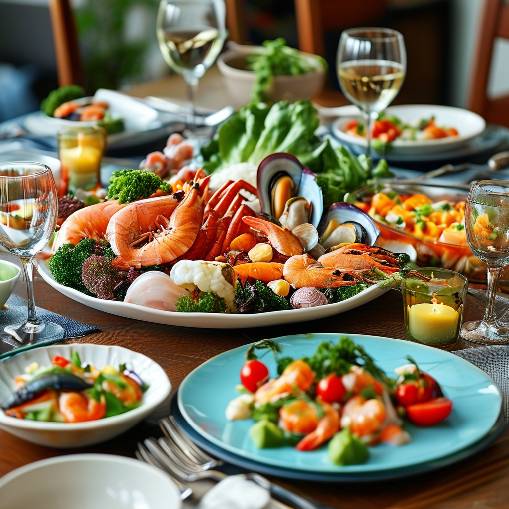 Family dinner table beautifully arranged with colorful seafood dishes