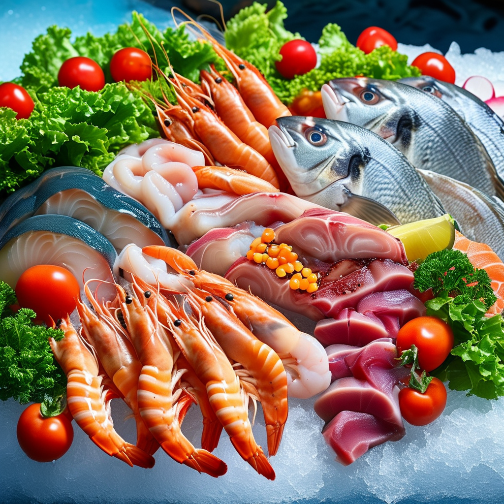 Fresh seafood display with shrimp and fish fillets