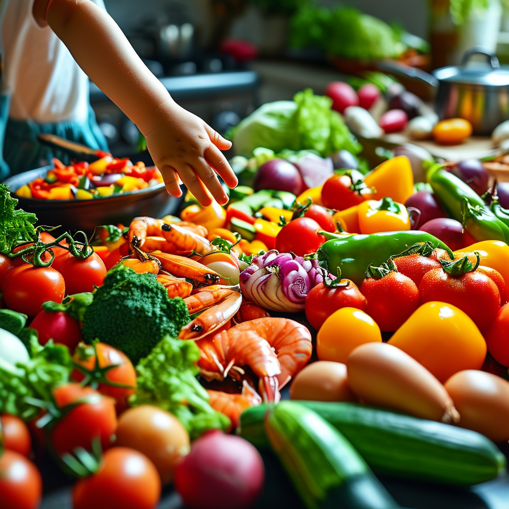 Toddler helping in the kitchen with colorful vegetables and seafood