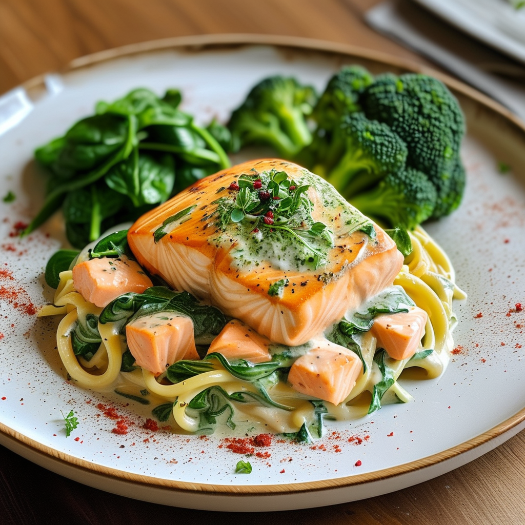 Creamy Salmon Pasta with Spinach and steamed broccoli
