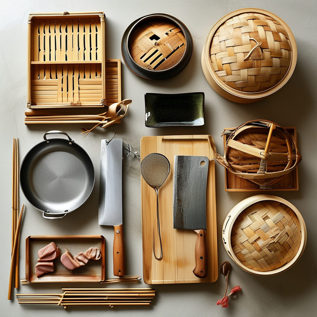 Assortment of cooking tools used in Asian cuisine