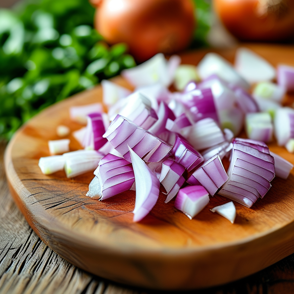 Close-up of freshly diced onions on a wooden cutting board