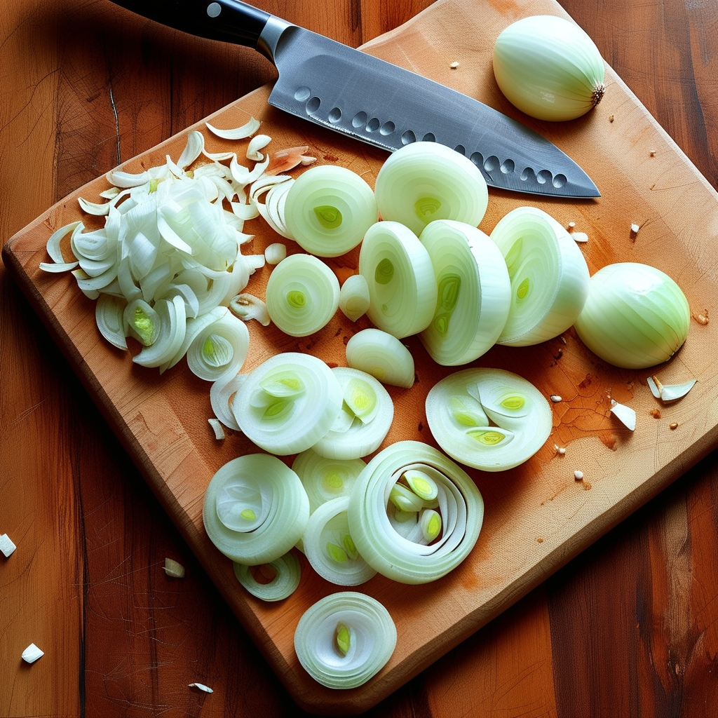 Step-by-step images of the chopping process of an onion on a cutting board.
