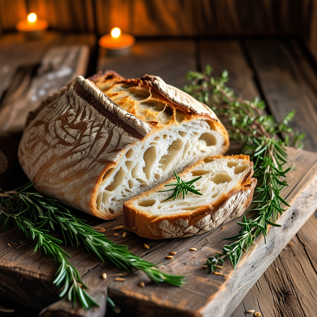 A rustic loaf of bread infused with fresh herbs, showcasing sprigs of rosemary and thyme around it.