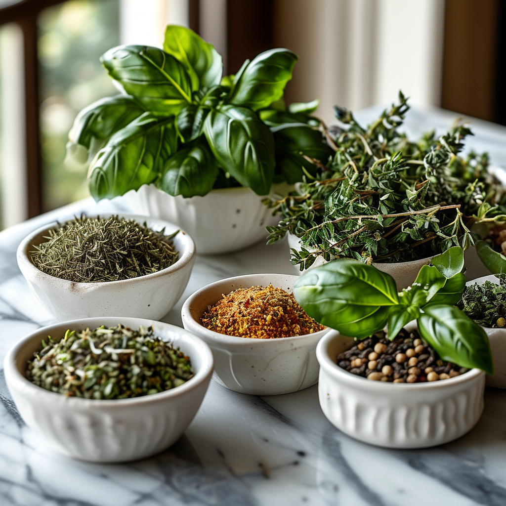 A close-up of different dried herbs (basil, oregano, and thyme) arranged in small bowls.