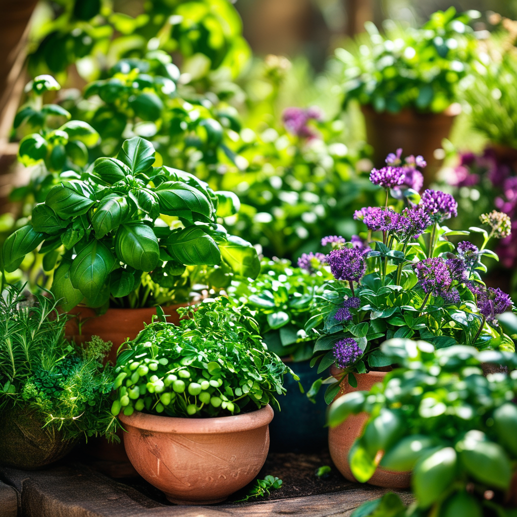 A beautifully arranged herb garden with lush basil, rosemary, and chives thriving in pots.