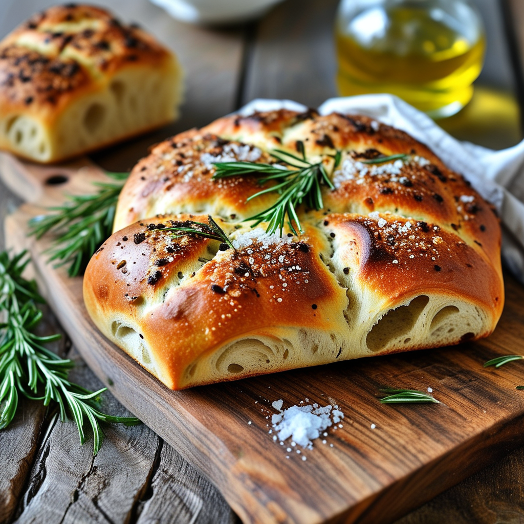 A freshly baked focaccia bread topped with rosemary and sea salt, served on a wooden cutting board.