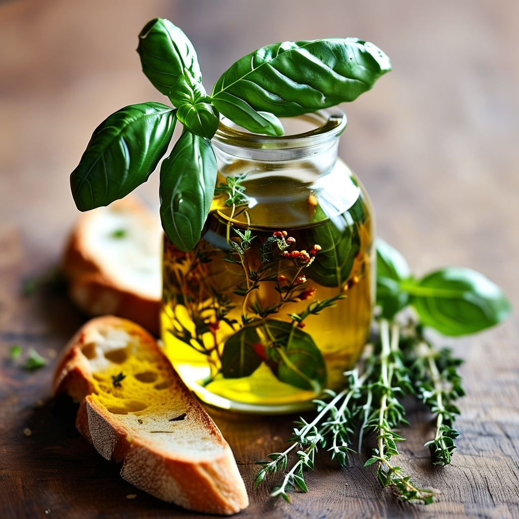 A jar of herb-infused olive oil with sprigs of herbs peeking out, placed next to a slice of bread.