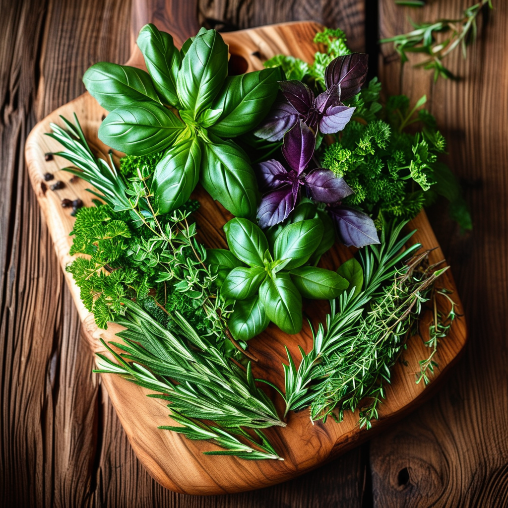 A vibrant assortment of fresh herbs laid out on a wooden cutting board.
