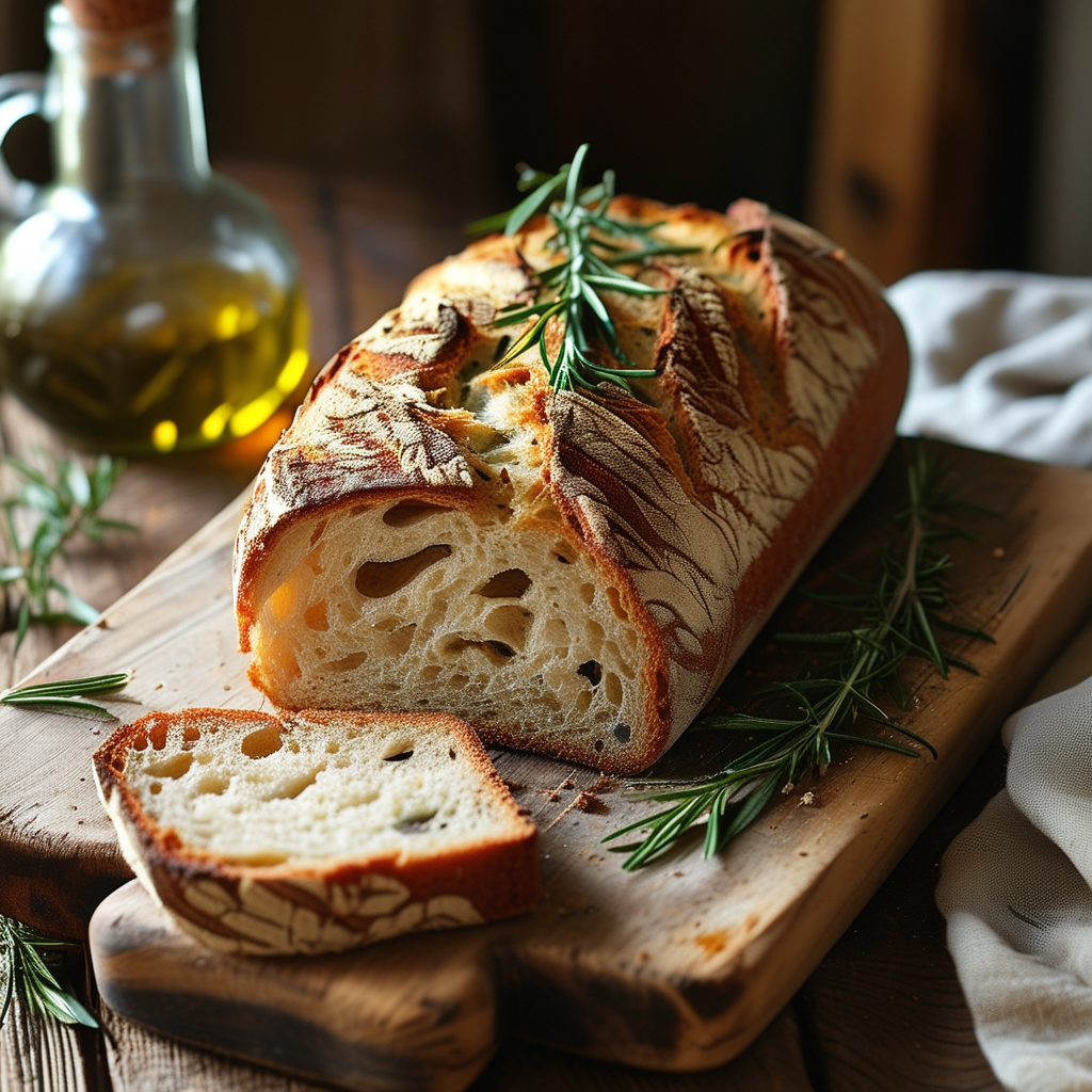 A loaf of rustic bread, infused with rosemary and olive oil, resting on a table.