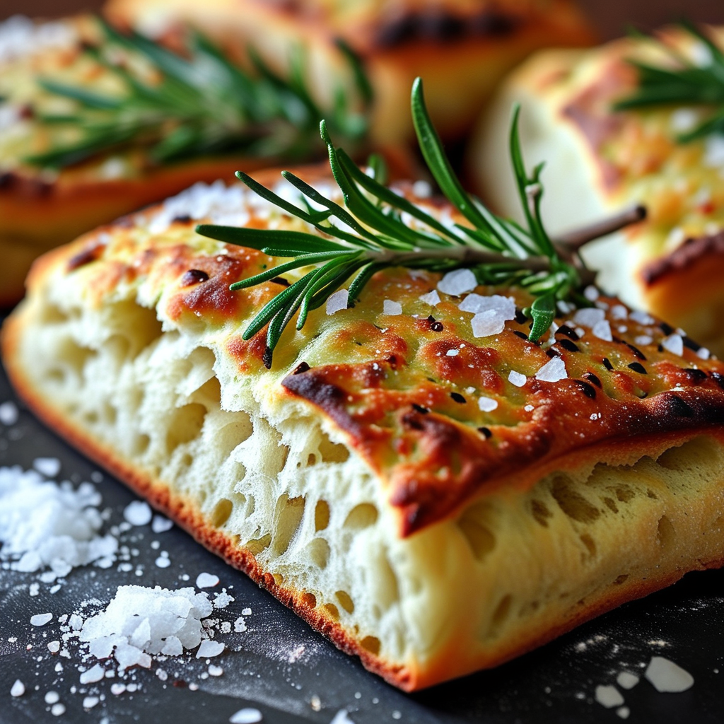 A close-up shot of a freshly baked focaccia topped with fresh rosemary and sea salt.
