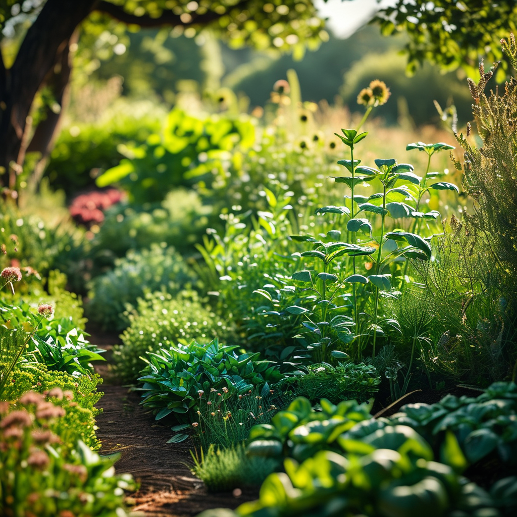 A serene, herb-garden scene showcasing different herb plants growing together.