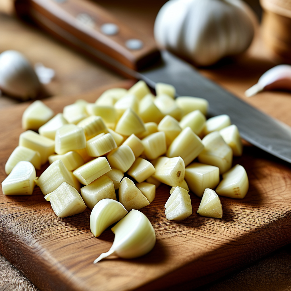 Fresh garlic cloves on a wooden cutting board