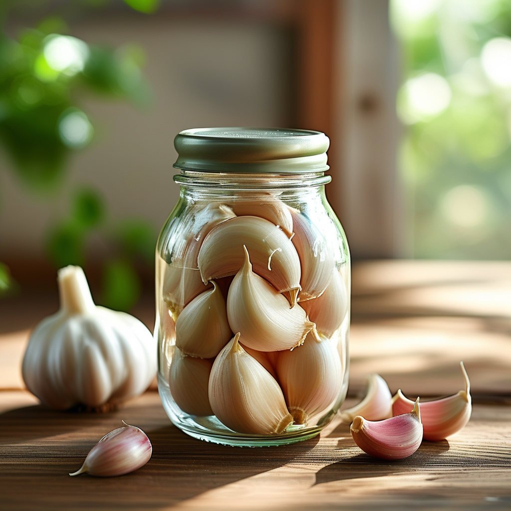 Garlic cloves stored in glass jars