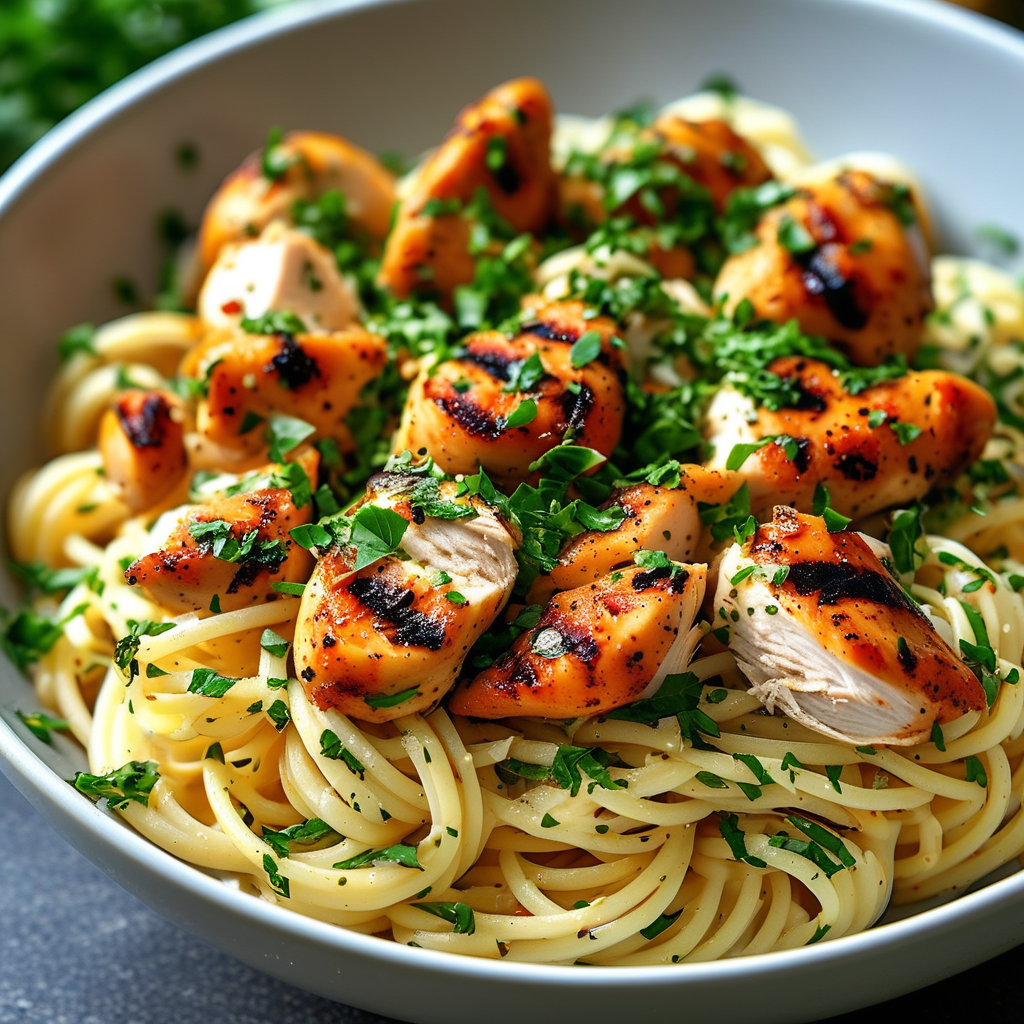 A bowl of pasta topped with shredded rotisserie chicken, garnished with fresh herbs.