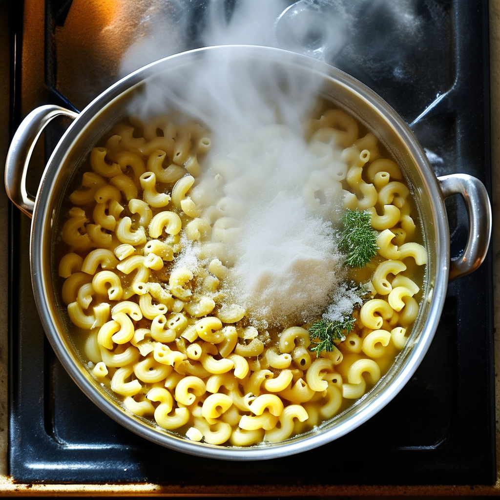 An overhead view of a pot of boiling water with pasta being added, steam rising, a sprinkle of salt.