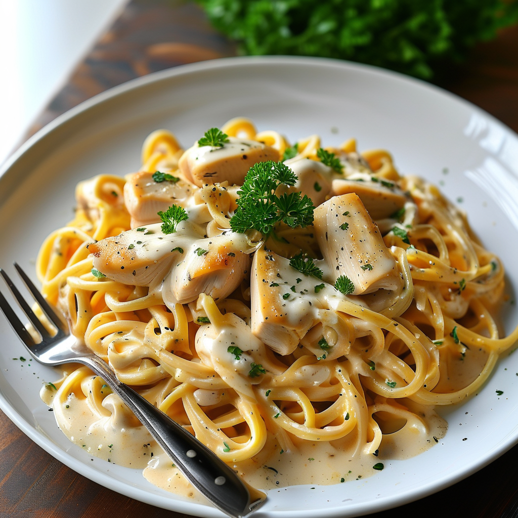 A beautifully plated chicken Alfredo pasta dish with creamy sauce and a sprinkle of parsley.