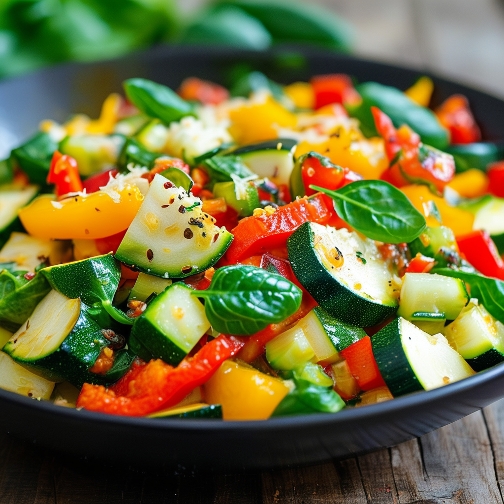 A vibrant display of chopped vegetables including spinach, bell peppers, and zucchini.