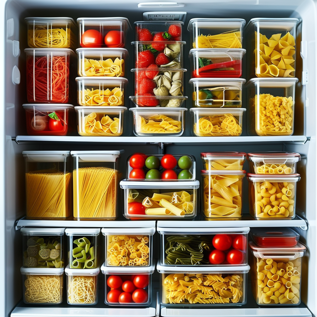 A fridge filled with neatly organized airtight containers containing leftover pasta dishes.