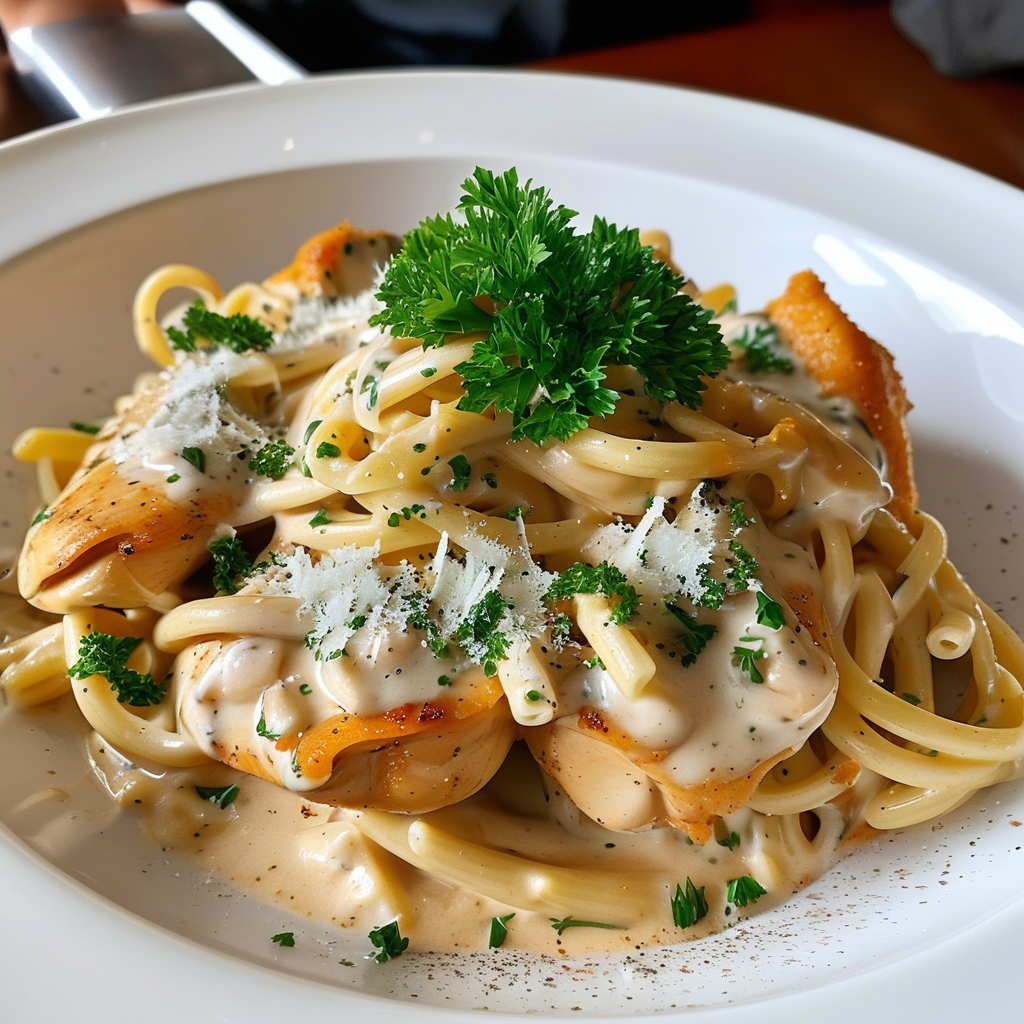 A beautifully arranged plate of Chicken Alfredo Pasta with a creamy sauce, garnished with parsley and grated Parmesan cheese.