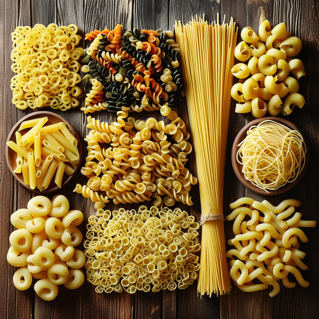 An assortment of popular pasta shapes including spaghetti, penne, fusilli, and farfalle displayed artistically on a rustic wooden table.