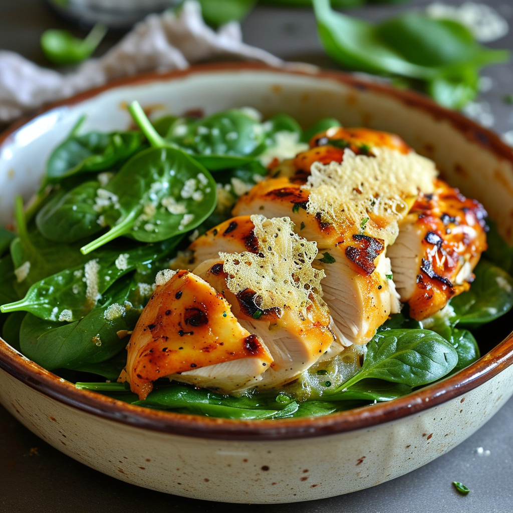 A comforting Rotisserie Chicken and Spinach Pasta Bake, bubbling in a ceramic dish with a golden cheese crust.
