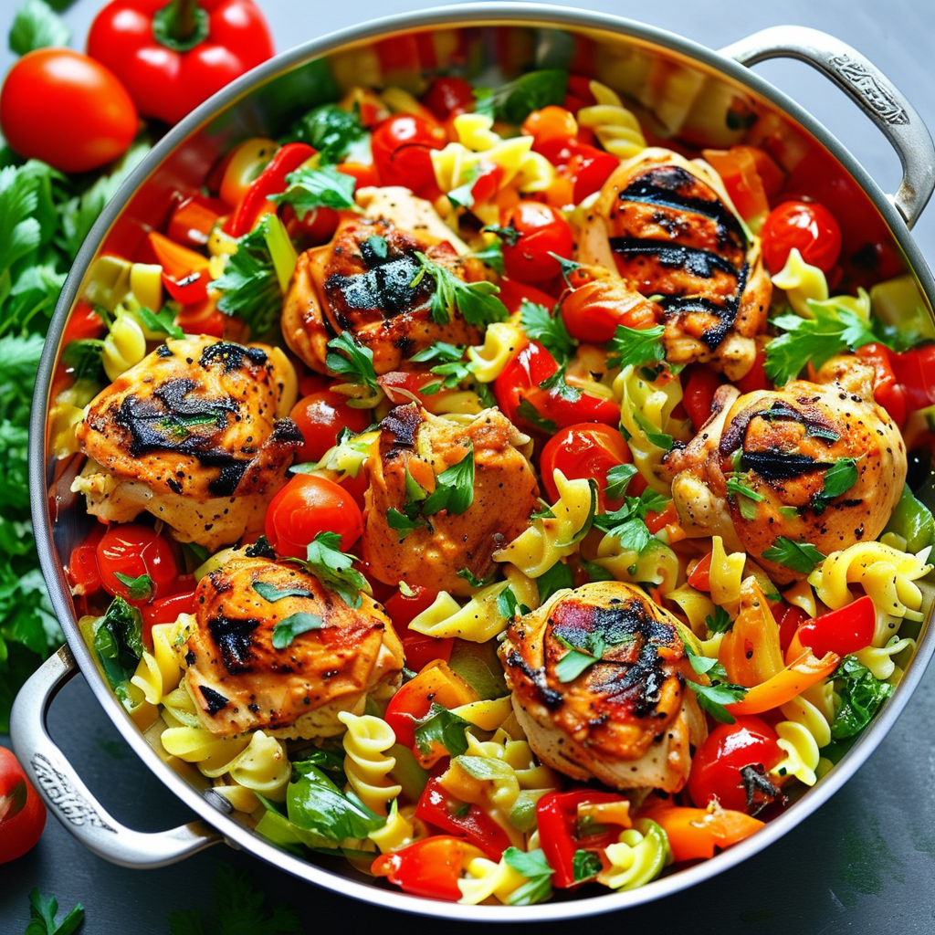A colorful One-Pot Rotisserie Chicken and Pasta Primavera filled with vibrant vegetables, served in a skillet.