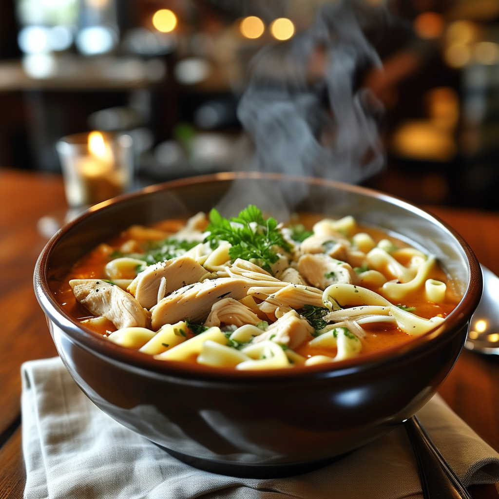 A warm bowl of Chicken and Pasta Soup, garnished with herbs, placed on a cozy table setting.