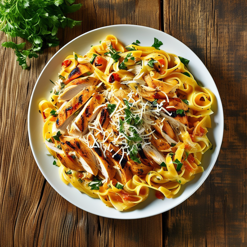 A vibrant plate of golden pasta mixed with shredded rotisserie chicken, topped with fresh herbs and sprinkled cheese, arranged on a rustic wooden table.