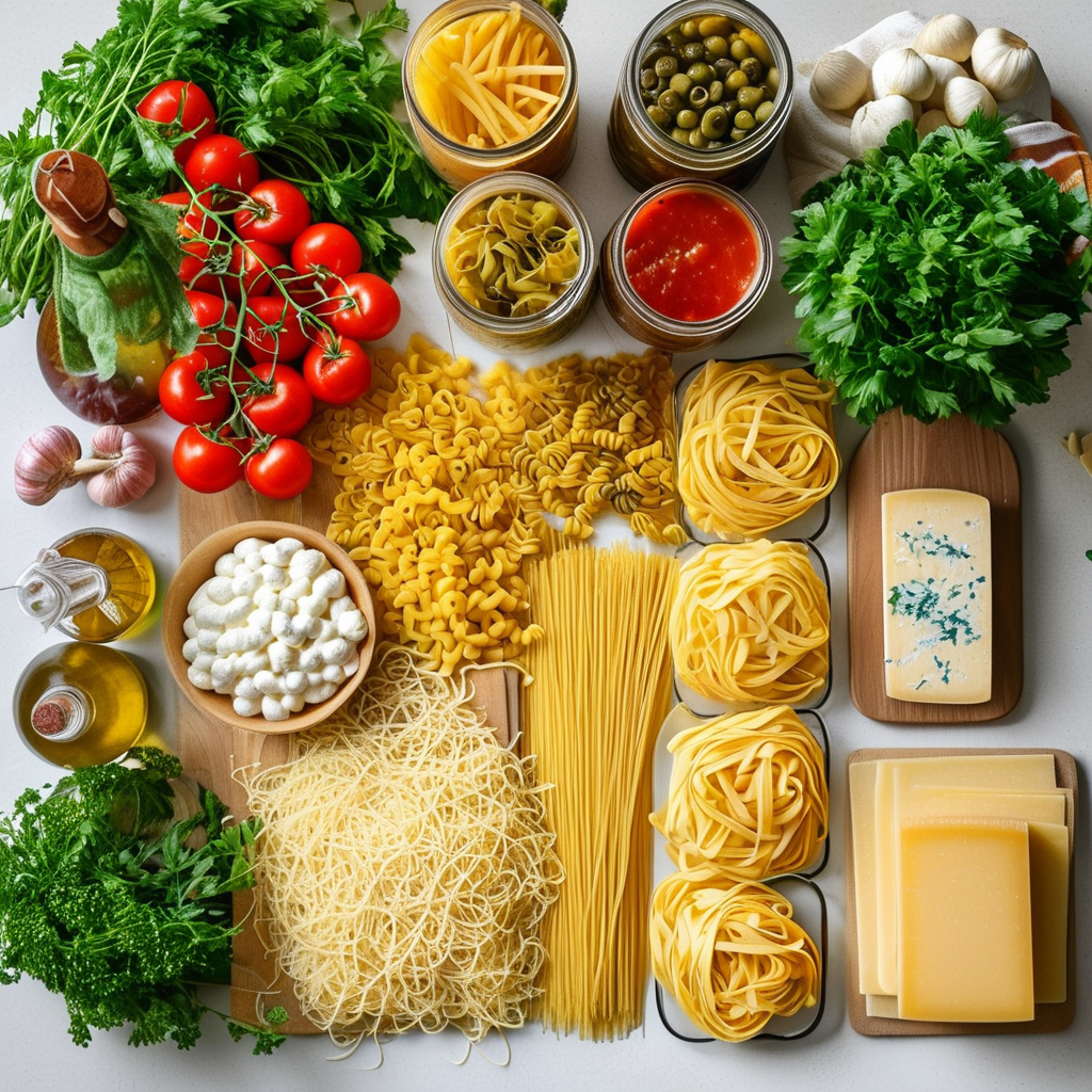 An overhead shot of all the essential ingredients laid out: different types of pasta, sauces, vegetables, and cheese on a clean kitchen countertop.