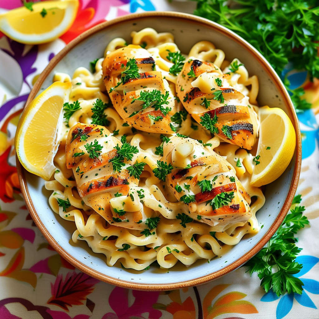 A creamy garlic rotisserie chicken pasta dish served in a bowl, garnished with parsley and a lemon wedge on the side, presented on a colorful tablecloth.