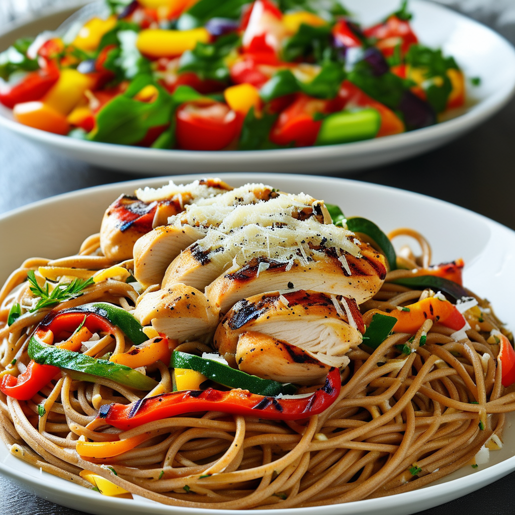 Whole wheat spaghetti intertwined with rotisserie chicken pieces and colorful vegetables, elegantly plated with a sprinkle of parmesan on top.