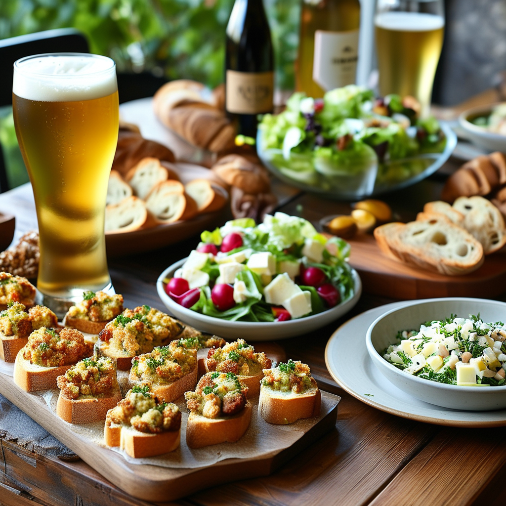 A selection of side dishes (garlic bread, caesar salad) arranged with wine glasses filled with Chardonnay and light beers, styled beautifully on a dining table.