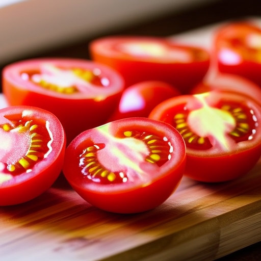 Freshly sliced tomatoes on a wooden cutting board