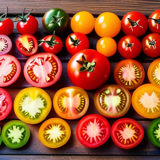 Assorted tomato slices on a wooden table