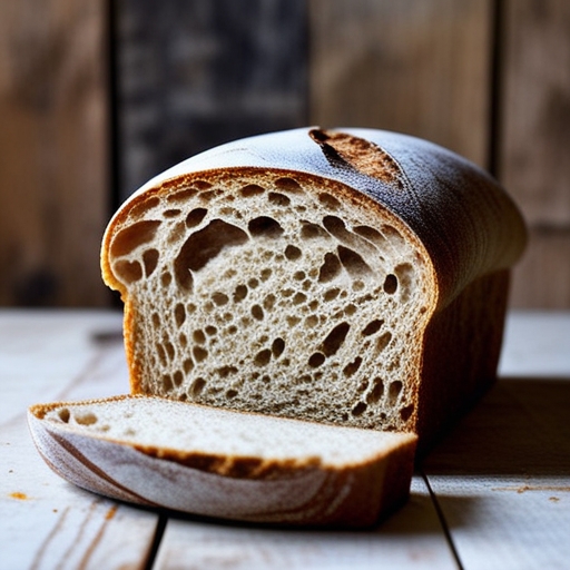 A beautiful loaf of sourdough bread with a slice showing the airy, craggy interior.