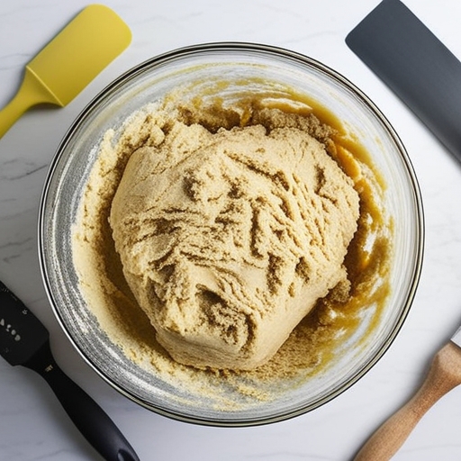 A mixing bowl with dough showing the texture and wetness of the mixture.
